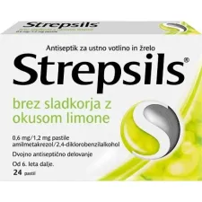 Strepsils brez sladkorja z okusom limone 0,6 mg/1,2 mg pastile, 24 pastil