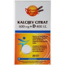 Natural Wealth, Kalcijev citrat 600 mg + D 400 I.E., 20 šumečih tablet