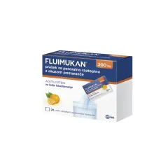 Fluimukan 200 mg prašek za peroralno raztopino z okusom pomaranče, 3 g, 20 vrečk