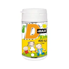 D-Max Kids, 10 mcg 400 I.E, žvečljive tablete z vitaminom D3 in ksilitolom z okusom hruške, 90 žvečljivih tablet