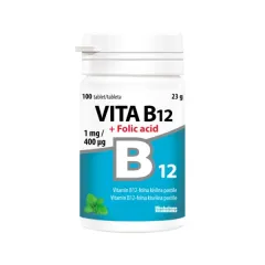Vitabalans, Vita B12 + folna kislina 1000 mcg/400 mcg pastile z okusom zelene mete, 100 pastil