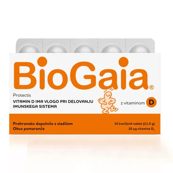BioGaia, Protectis D3, probiotične žvečljivih tablete z okusom pomaranče, 30 žvečljivih tablet