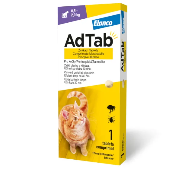 AdTab 12 mg, žvečljive tablete za mačke (0,5-2 kg), 1tableta