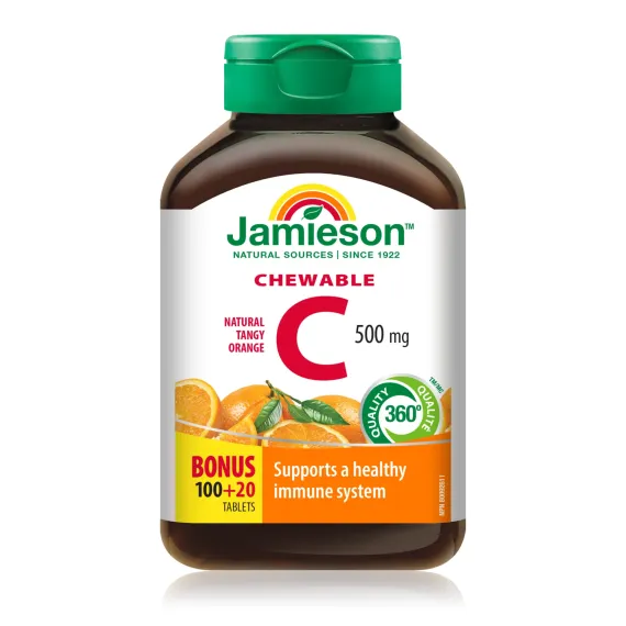 Jamieson, Vitamin C 500 mg, žvečljive tablete z naravnim okusom pomaranče, 120 žvečljivih tablet