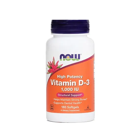 Now, Vitamin D-3, 25 mcg oz. 1000 IE, 180 kapsul