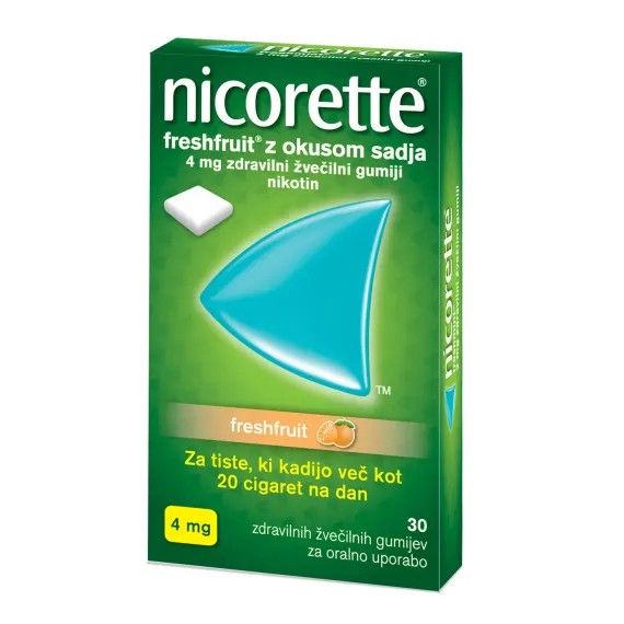 Nicorette Freshfruit z okusom sadja 4 mg zdravilni žvečilni gumiji, 30 žvečilnih gumijev