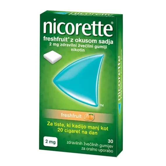 Nicorette Freshfruit z okusom sadja 2 mg zdravilni žvečilni gumiji, 30 žvečilnih gumijev