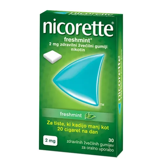 Nicorette Freshmint 2 mg zdravilni žvečilni gumiji, 30 žvečilnih gumijev