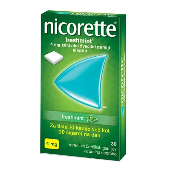 Nicorette Freshmint 4 mg zdravilni žvečilni gumiji, 30 žvečilnih gumijev