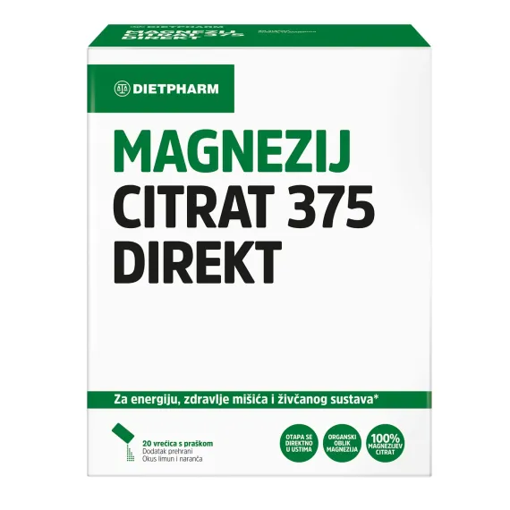Dietpharm, Magnezij citrat 375 Direkt z okusom limone in pomaranče, 20 vrečic s praškom