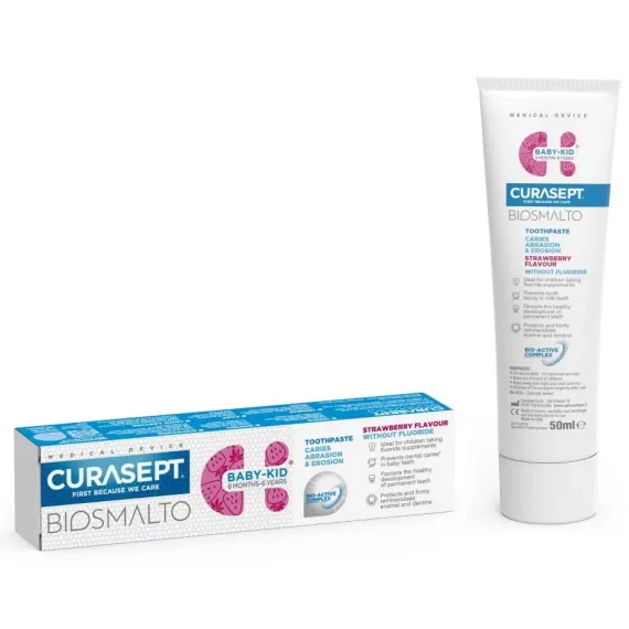 Curasept, Biosmalto Baby - Kid zobna pasta z okusom jagode brez fluorida, 50 ml