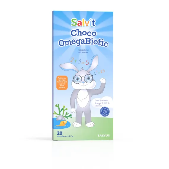 Salvit, Choco Omegabiotic okus žvečilnega gumija, 20 čokoladnih medvedkov