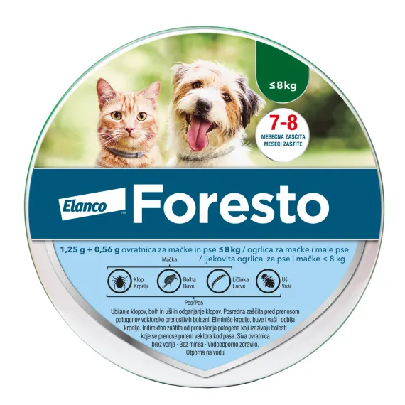 Foresto 1,25 g + 0,56 g ovratnica za mačke in pse (težke do 8 kg), 38 cm, 1 ovratnica