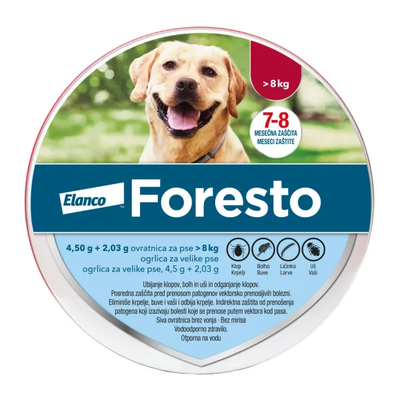 Foresto 4,50 g + 2,03 g, ovratnica za pse (težje od 8 kg), 70 cm, 1 ovratnica