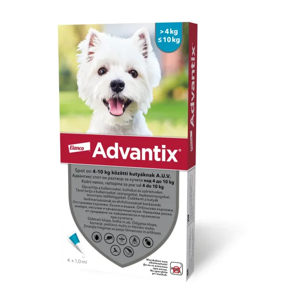 Advantix kožni nanos, raztopina za pse od 4 do 10 kg, 1 ml, 4 merilne kapalke