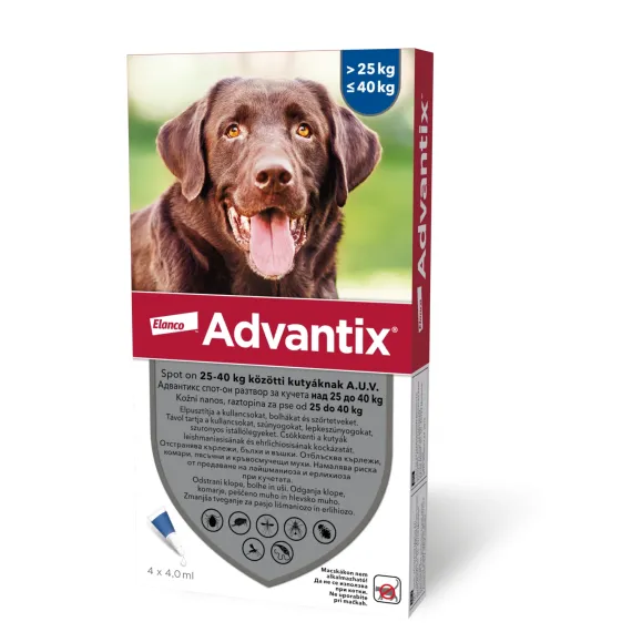 Advantix kožni nanos, raztopina za pse od 25 do 40 kg, 4 ml, 4 merilne kapalke