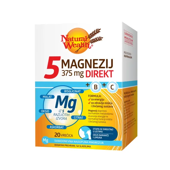 Natural Wealth, 5 magnezij Direkt 375 mg + B + C, 20 vrečk