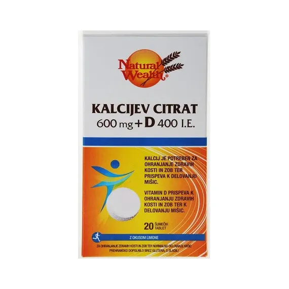 Natural Wealth, Kalcijev citrat 600 mg + D 400 I.E., 20 šumečih tablet