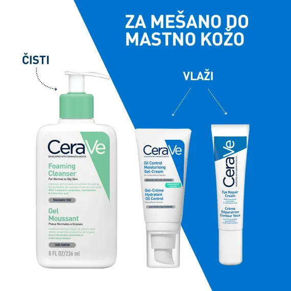 CeraVe, Peneči čistilni gel 236ml+vlažilna gel krema za mastno kožo 52ml, posebna ponudba