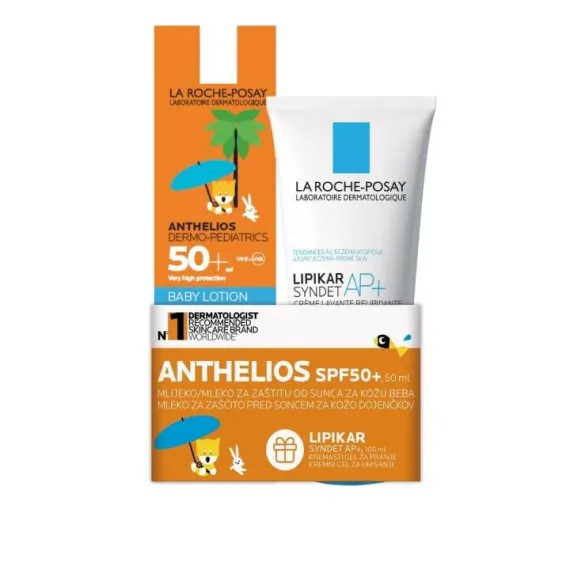 La Roche-Posay, Anthelios mleko za zaščito pred soncem za dojenčke SPF50+, 50 ml + Lipikar Syndet AP+ kremni gel za umivanje, 100 ml