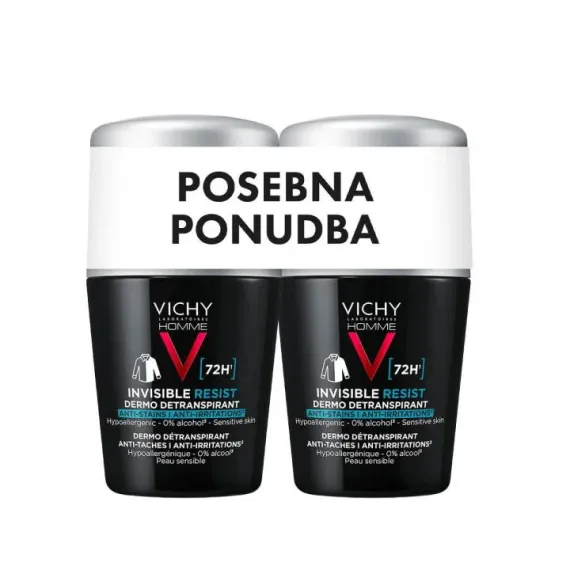 Vichy Homme, Invisible Resist roll-on detranspirant, 2 x 50 ml
