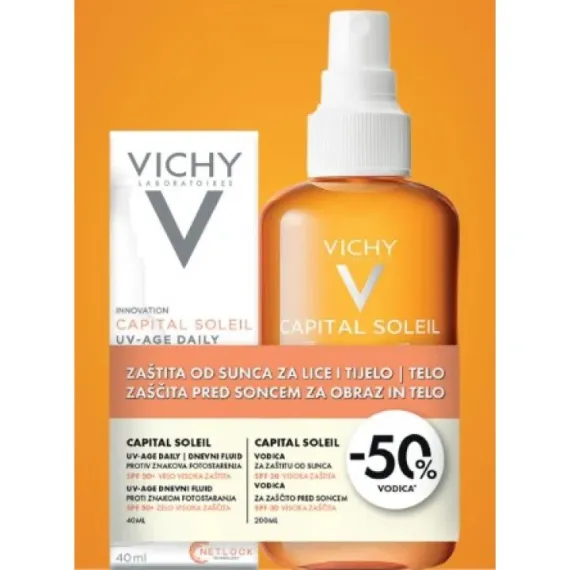 Vichy, Capital Soleil UV-Age dnevni fluid ZF50+, 40 ml + Vodica ZF30, 200 ml -50%