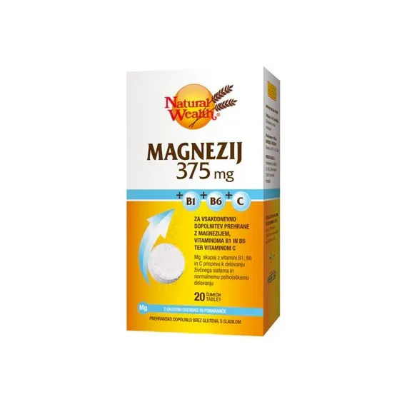 Natural Wealth, Magnezij 375 mg + B1, B6 in C vitamini, 20 šumečih tablet