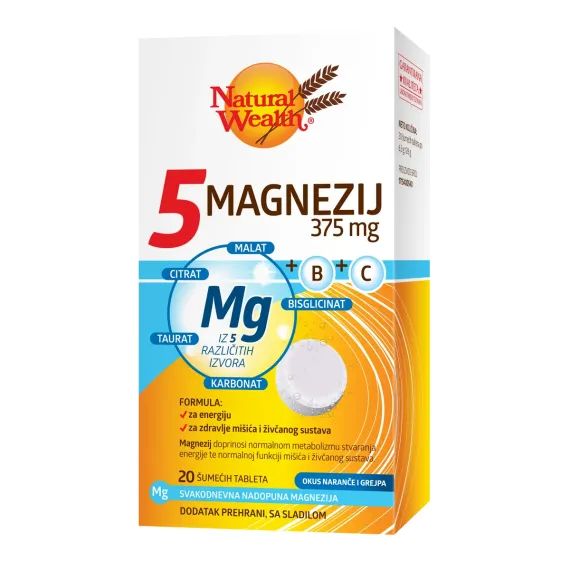 Natural Wealth, 5 magnezij 375 mg + B + C, 20 šumečih tablet