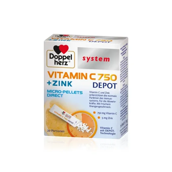 Doppelherz, System Vitamin C 750 + cink depo zrnca, 20 vrečk