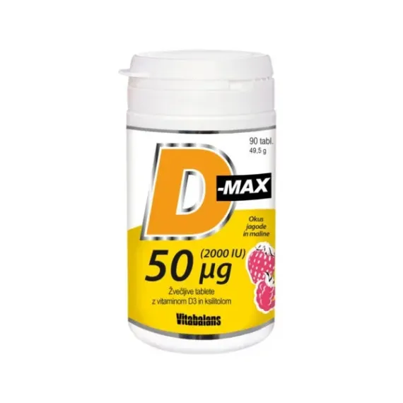 D-Max, 50 mcg 2.000 I.E., žvečljive tablete z vitaminom D3 in ksilitolom z okusom jagode in maline, 90 žvečljivih tablet