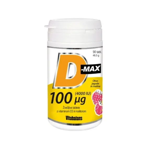 D-Max, 100 mcg 4.000 I.E., žvečljive tablete z vitaminom D3 in ksilitolom z okusom jagode in maline, 90 žvečljivih tablet