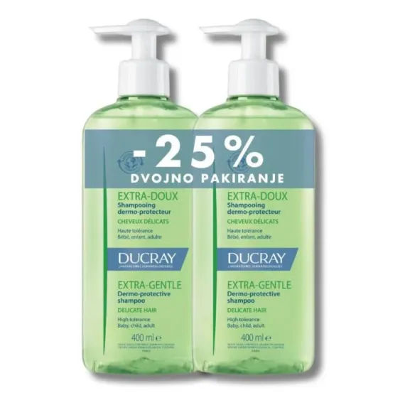 Ducray, Extra Doux dermozaščitni šampon za pogosto uporabo, 2 x 400 ml