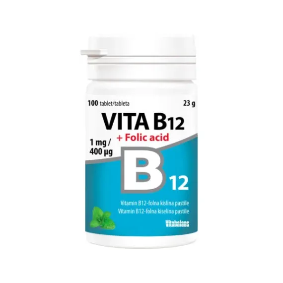 Vitabalans, Vita B12 + folna kislina 1000 mcg/400 mcg pastile z okusom zelene mete, 100 pastil