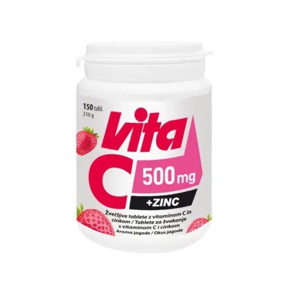 Vitabalans, Vita C 500 mg + cink žvečljive tablete z okusom jagode, 150 tablet