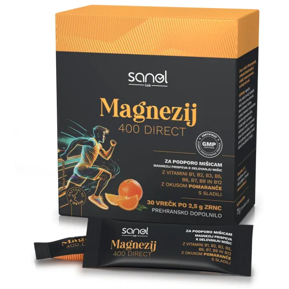 Sanol LAB, Magnezij 400 Direct, okus pomaranča, 30 vrečk