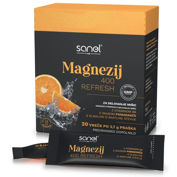 Sanol LAB, Magnezij 400 Refresh, okus pomaranča, 20 vrečk