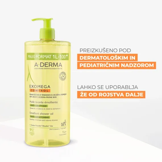 A-Derma, Exomega control, emolientno čistilno olje za tuširanje, 1000 ml