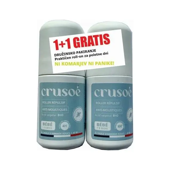 Crusoé, otroški repelent proti komarjem roll-on, Akcija 1+1 gratis, 40 ml + 40 ml