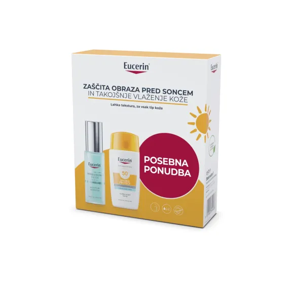 Eucerin, Sun paket za vlaženje kože: Hyaluron-Filler Ultra light vlažilni booster, 30 ml in Sun Hydro Fluid ZF50+, 50 ml