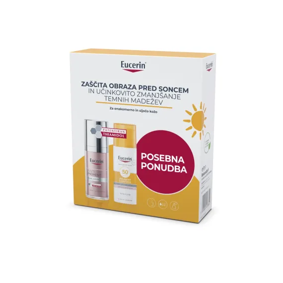 Eucerin, Sun paket za zmanjšanje temnih madežev: Anti-Pigment dvojni serum, 30 ml in Sun Pigment Control fluid ZF50+, 50 ml