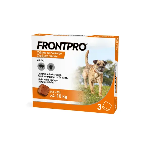 Frontpro, 28 mg žvečljive tablete za pse (>4 - 10 kg) z okusom govedine, 3 tablete