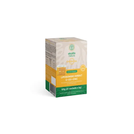 Ekolife Natura, Liposomski direkt Vitamin C+D3+cink, prašek 3 g, 21 vrečk