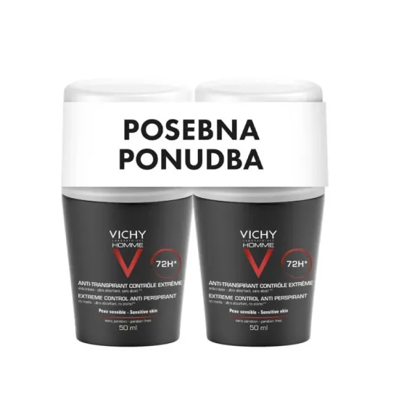 Vichy, Homme Antiperspirant deo roll-on 72ur zaščite pred potenjem, posebna ponudba 2 x 50 ml